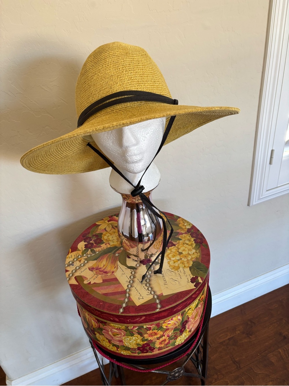 San Diego Straw Panama Sun Hat with Wide Brim & Brown Adjustable Chin Strap.